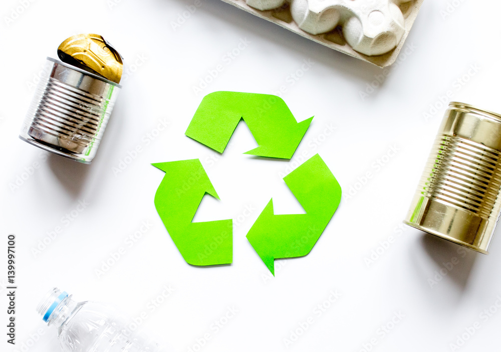 environment concept with recycling symbol on white background top view mock-up