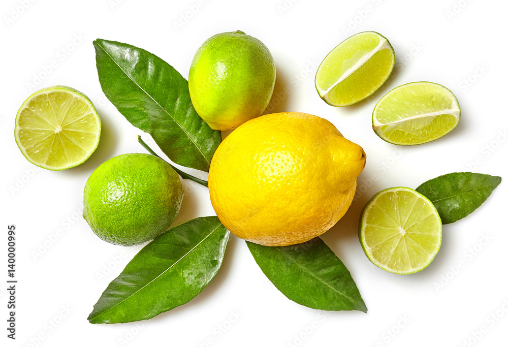 various citrus fruits on white background