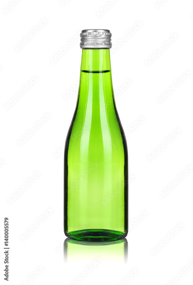 Close-up glass bottle with mineral water isolated on white background