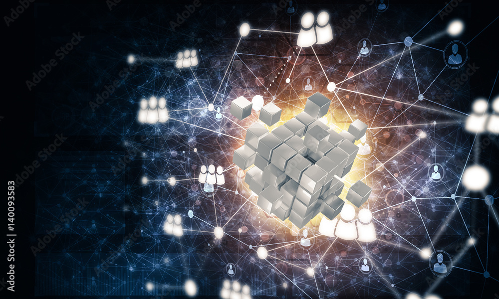 Concept of Internet and networking with digital cube figure on d