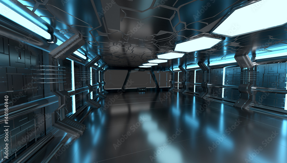 Spaceship blue interior with empty window 3D rendering elements of this image furnished by NASA