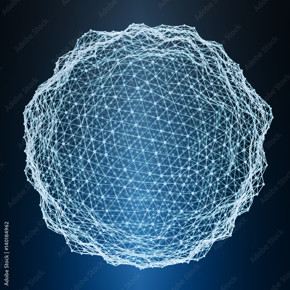 漂浮的白色和蓝色发光球体网络3D渲染