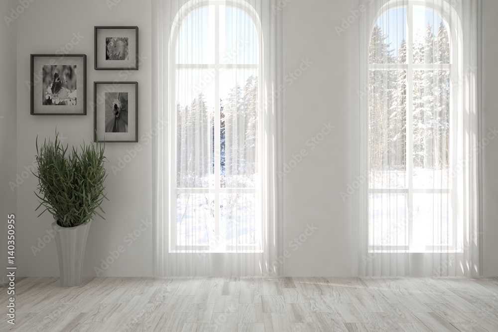 White empty room with winter landscape in window. Scandinavian interior design. 3D illustration