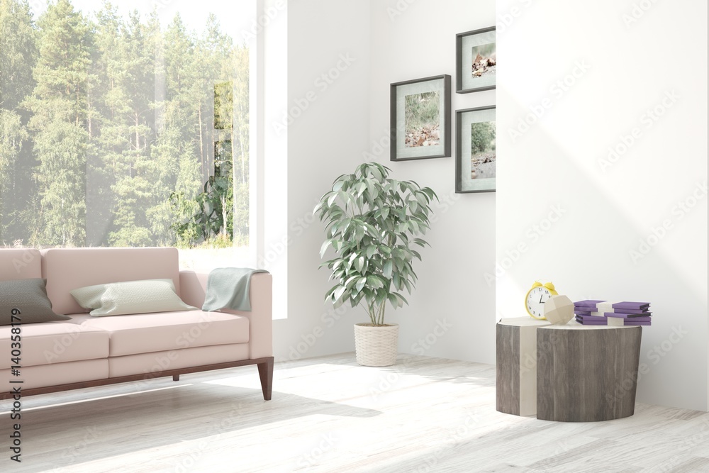 White room with sofa and green landscape in window. Scandinavian interior design. 3D illustration