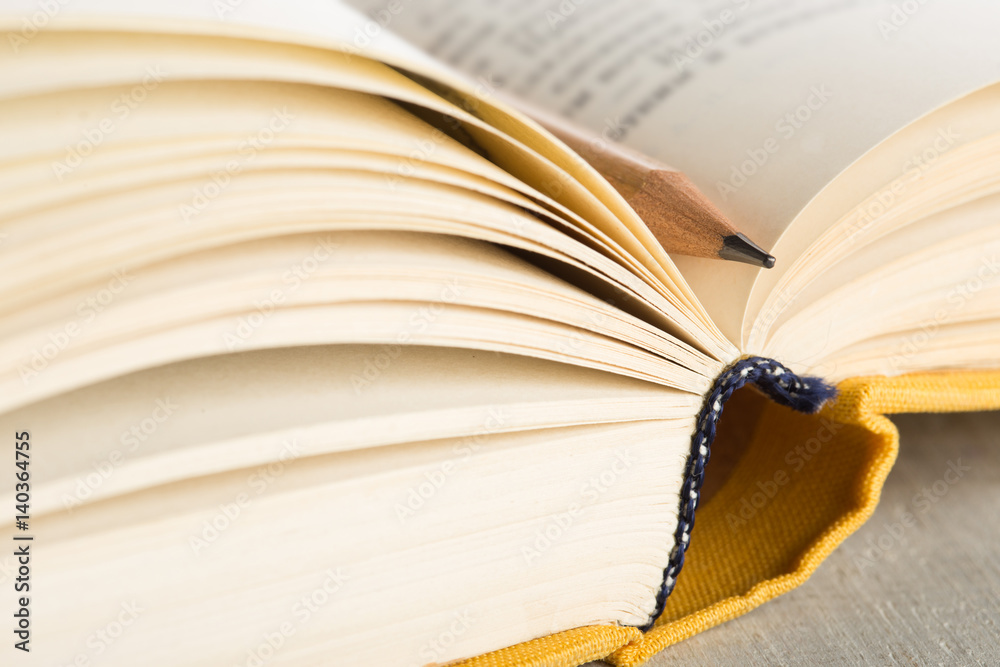 Education and wisdom concept - Macro view of book with pencil