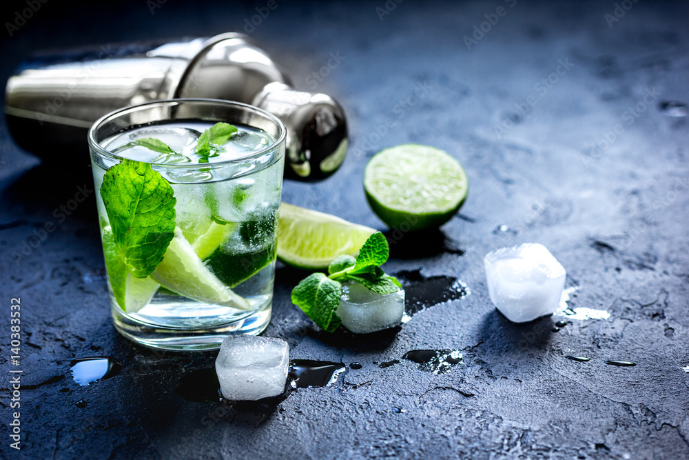 mojito in glass on dark background close up