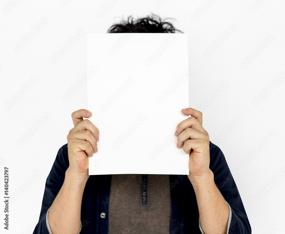 Adult Man Face Coverd Paper Portrait Copy Space