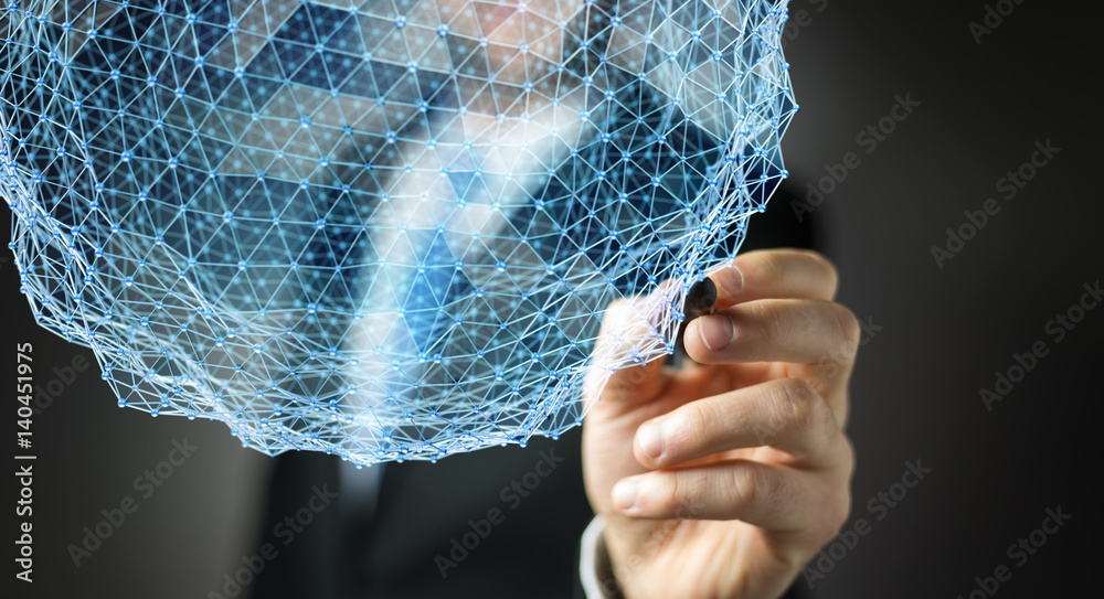 Businessman holding flying network sphere 3D rendering