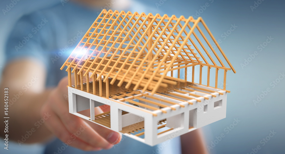 Businessman touching 3D rendering unfinished plan house with his finger