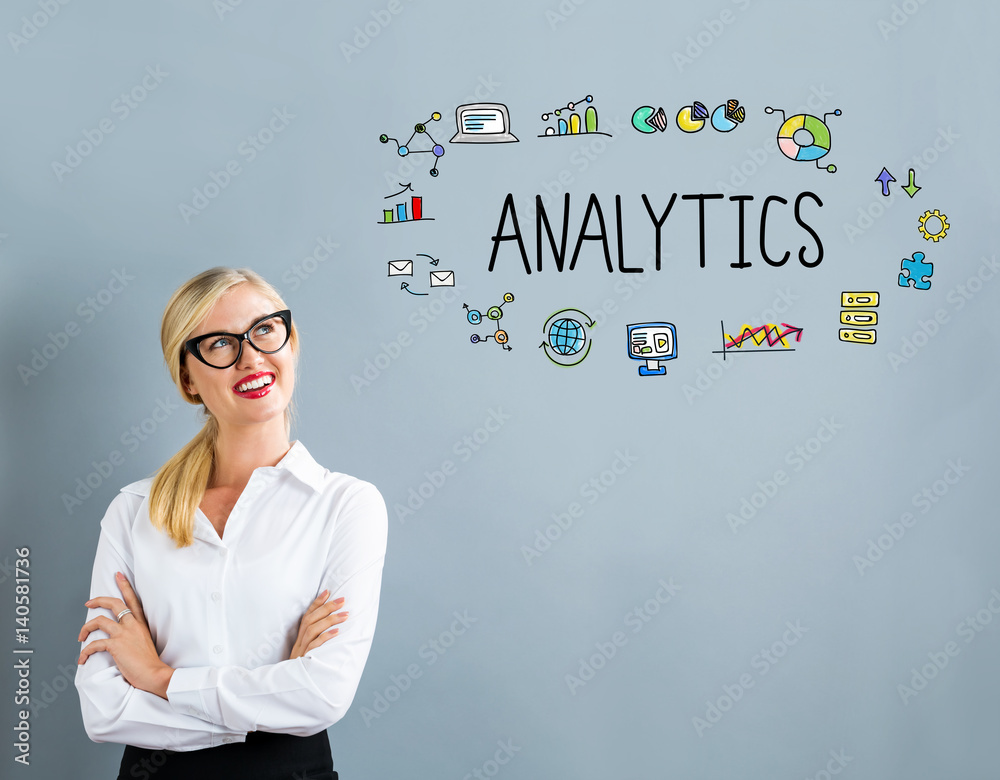 Analytics text with business woman