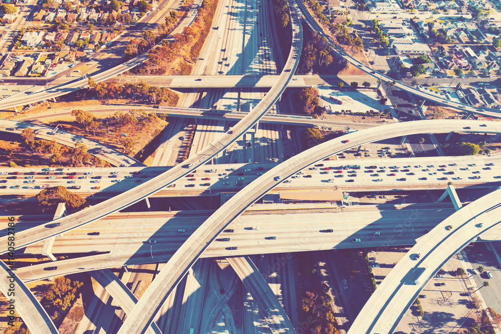 Aerial view of a freeway intersection in Los Angeles