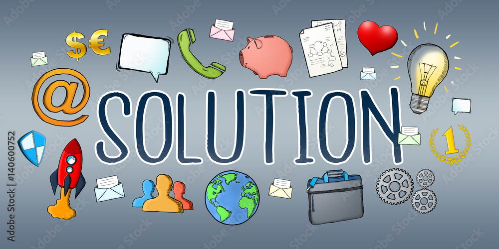 Hand-drawn solution text with icons