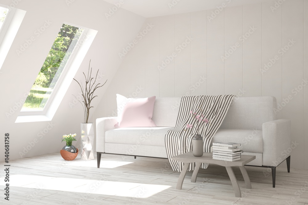 White room with sofa and green landscape in window. Scandinavian interior design. 3D illustration