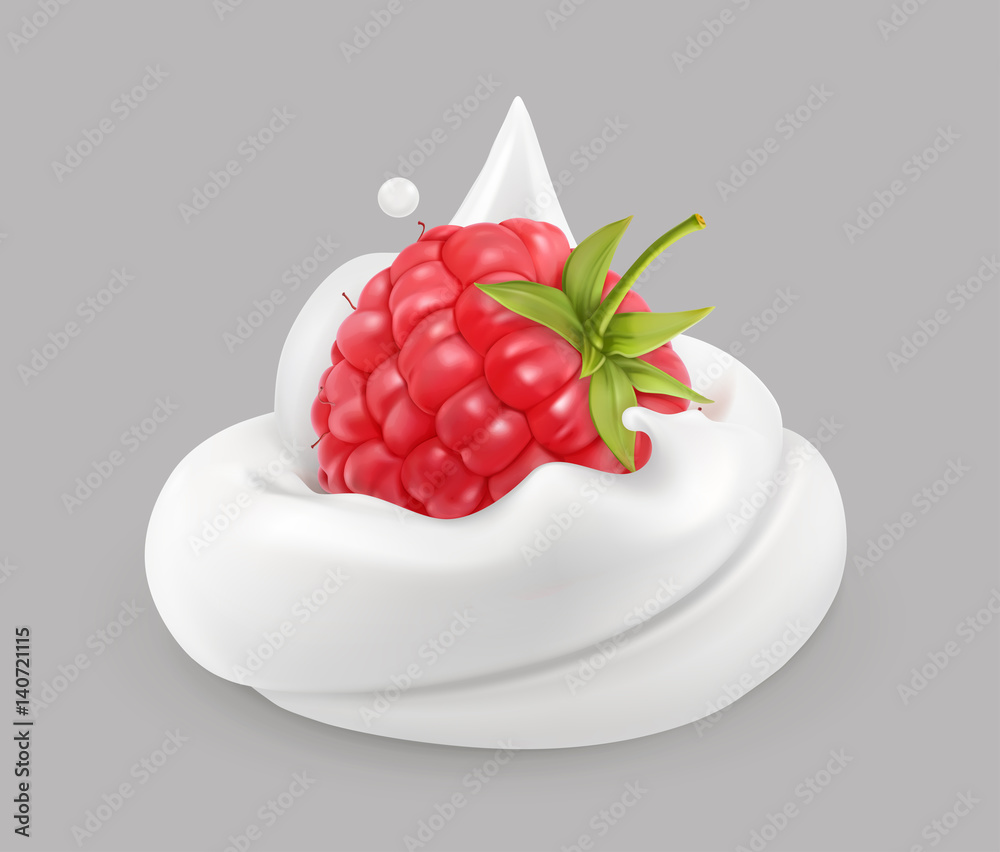 Whipped cream and raspberries, vector icon