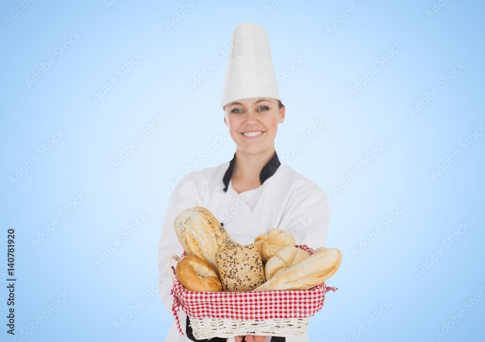 Woman chef  with bread against blue background