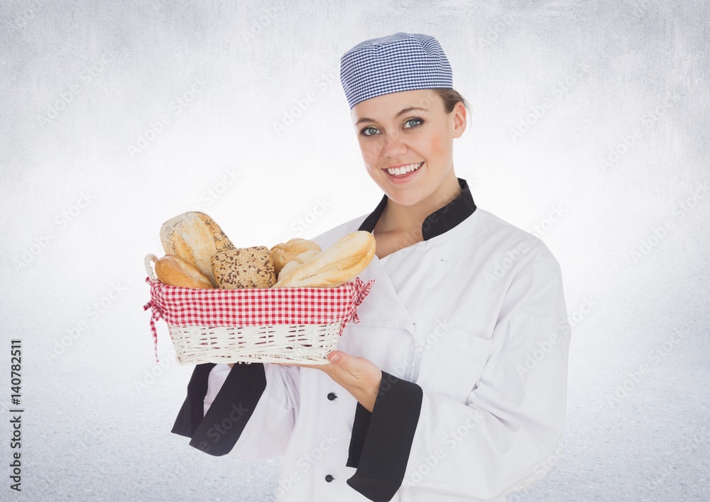 Chef with bread against white background