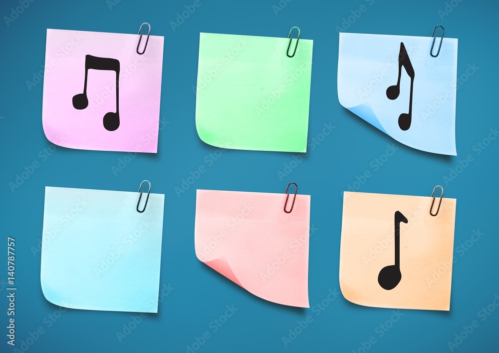 Sticky Note with Music Icons against a neutral blue background