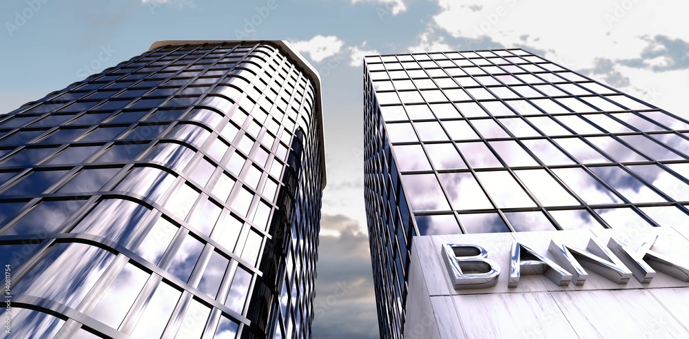 Composite image of low angle view of modern bank buildings