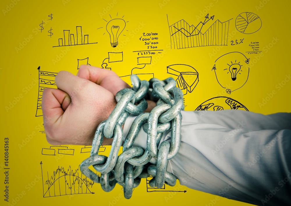 Digital composite image of hands tied with metal chain