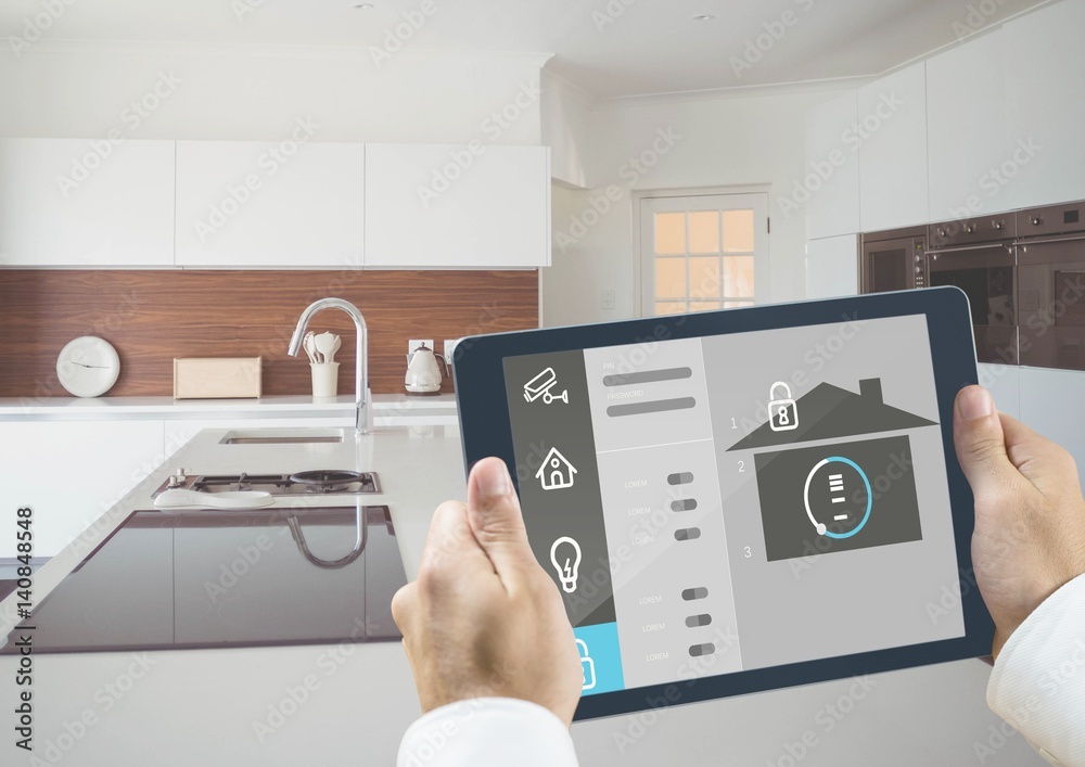 Man holding a digital tablet with home security concept