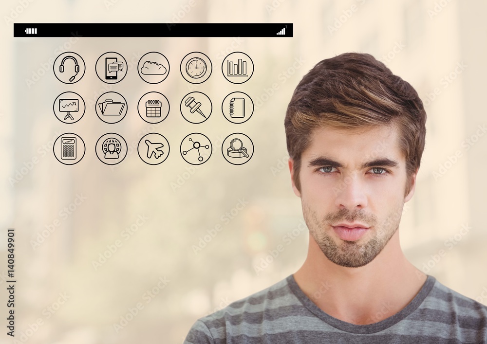 Portrait of handsome man with various icon on background