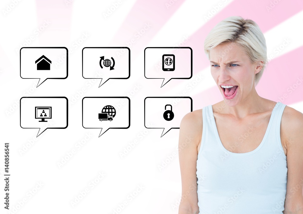 Frustrated woman standing next to application icons