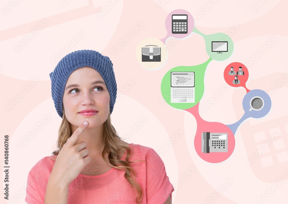 Thoughtful woman with various application icons