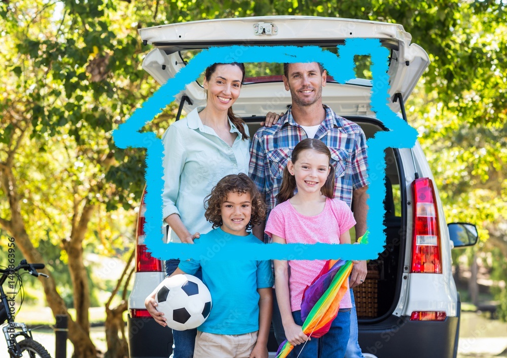 Family standing on the road against house outline in background