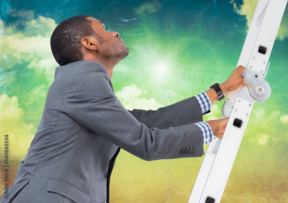 Close-up of a businessman climbing over ladder