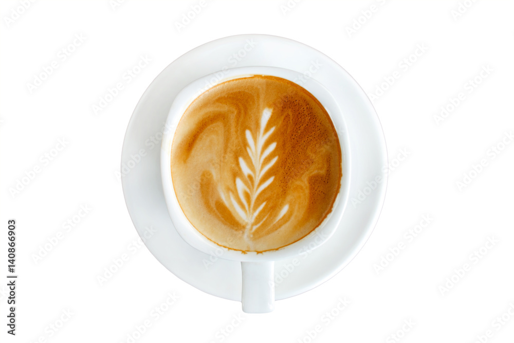 Top view latte art coffee on white background