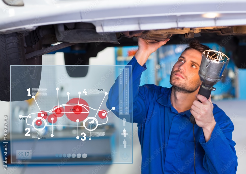 Automobile mechanic working in garage and mechanic interface