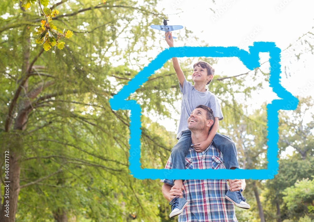 Home outline with father carrying his son on shoulders