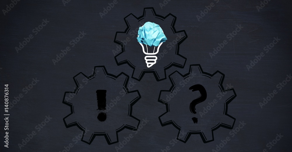 Conceptual image of bulb with crumpled paper and gear icon