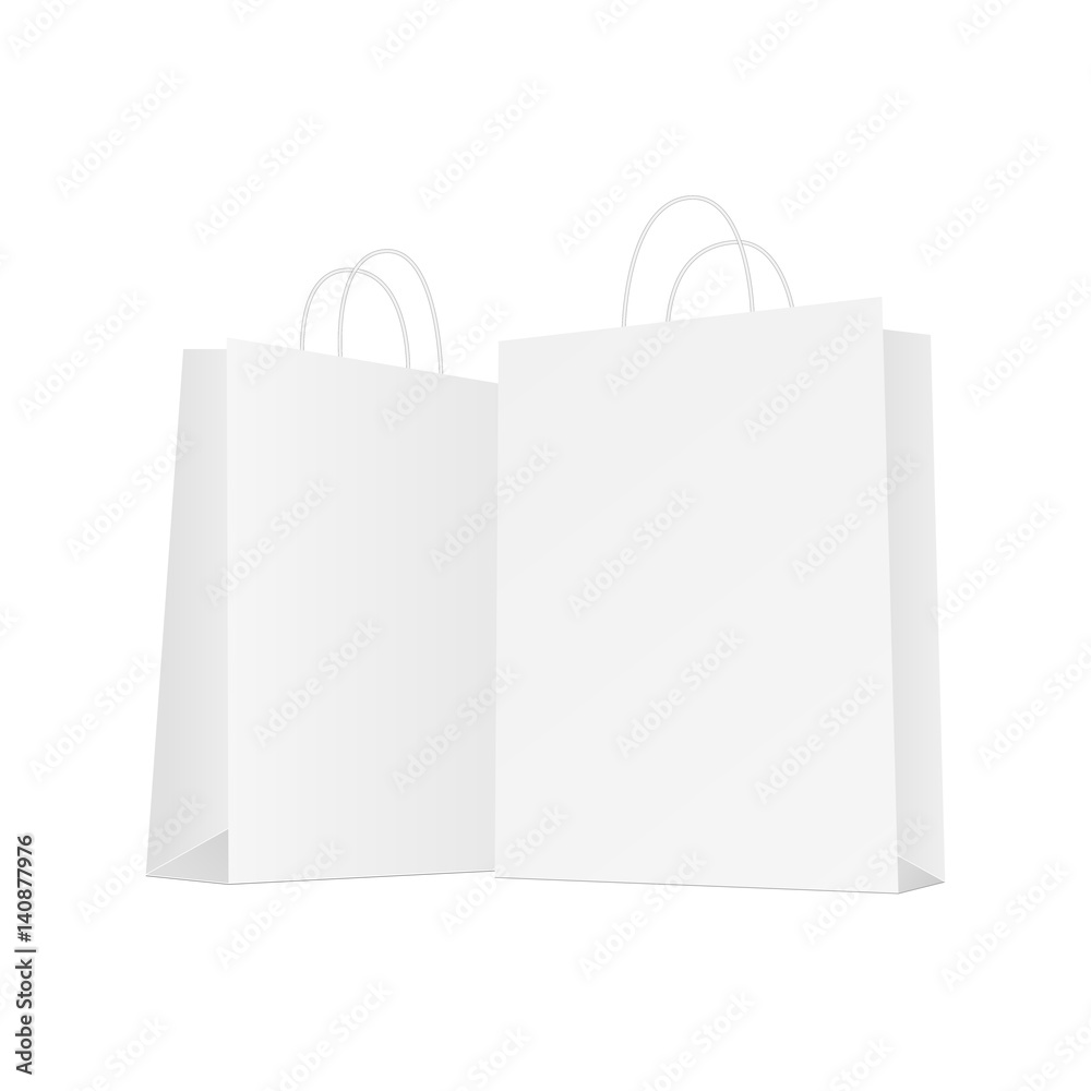 Blank shopping bag isolated on white background. Two white bags for merchandise. Mockup can be used 