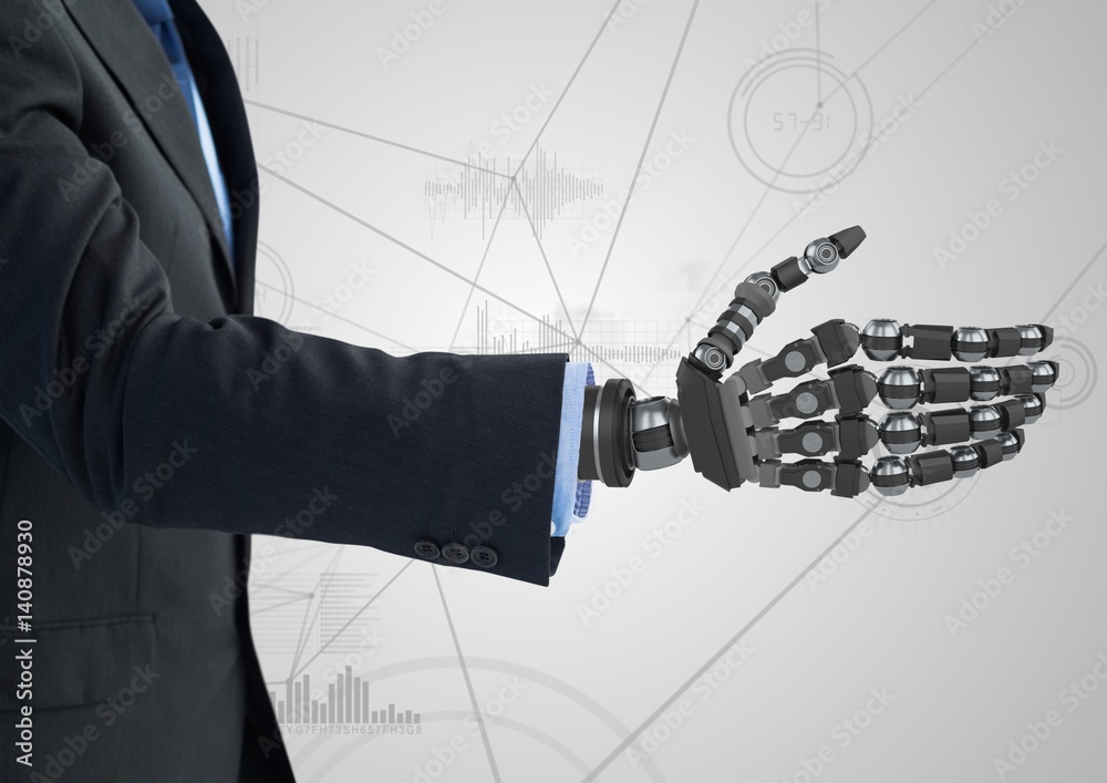 Businessman with robotic hand against white background