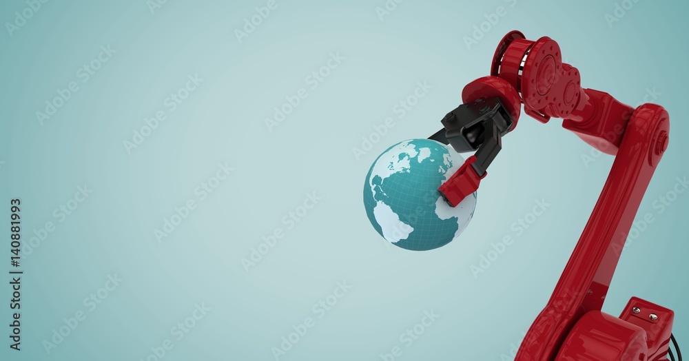 Red robot claw holding globe against light blue background