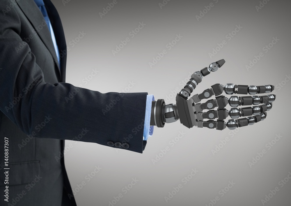 Business man with robot hand against grey background