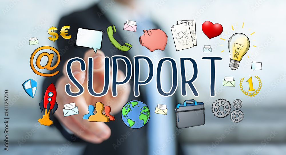 Businessman using hand-drawn support text presentation