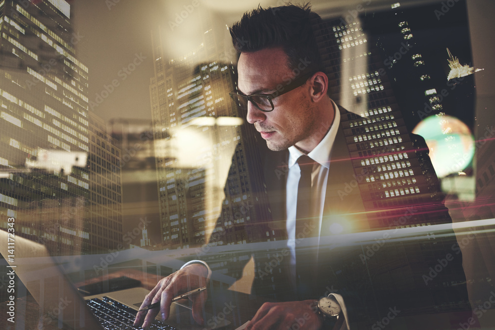 Close up of executive business man with laptop working