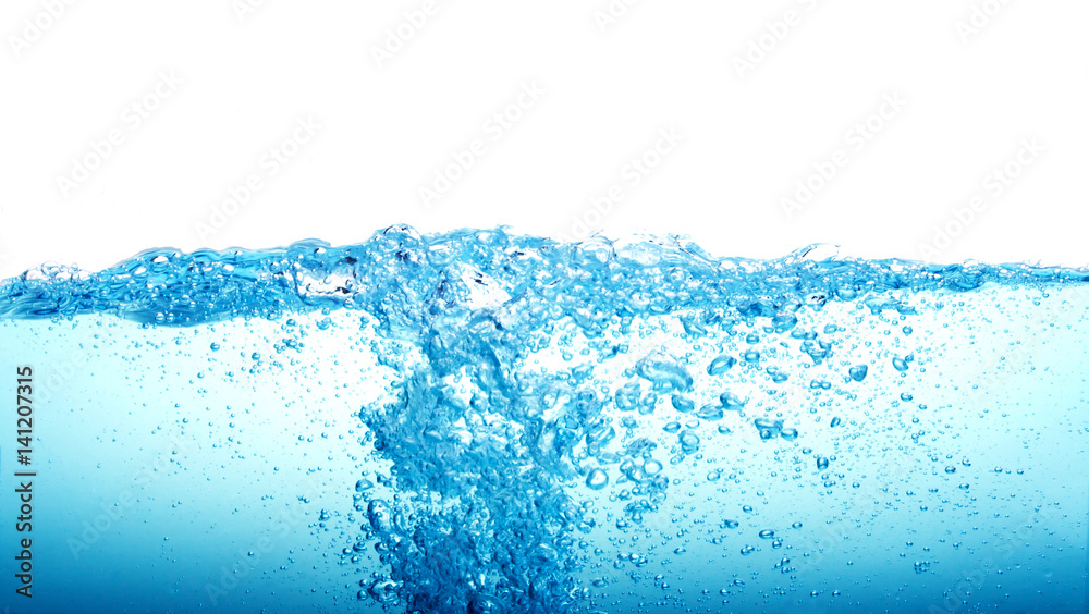 Close up blue Water splash with bubbles on white background