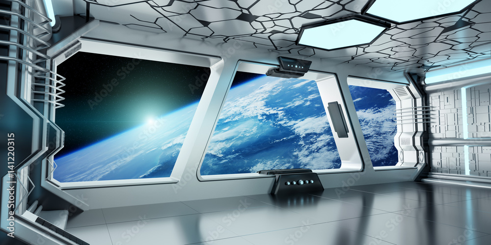 Spaceship interior with view on the planet Earth 3D rendering elements of this image furnished by NA