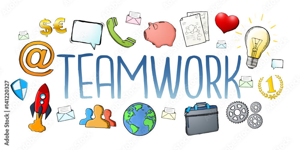 Hand-drawn teamwork text with icons