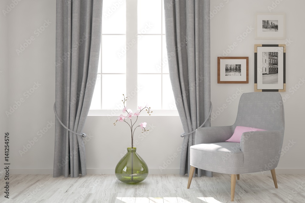 White room with armchair. Scandinavian interior design. 3D illustration