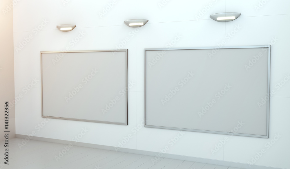 Two white blanks canvas on a wall 3D rendering