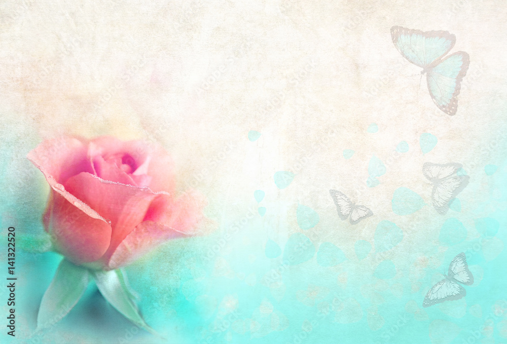 Pink rose and butterflies in front of a background of vintage old paper with a soft focus. Retro gre