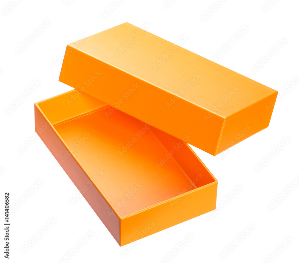 Orange open cardboard box mock up isolated on white background, template for design