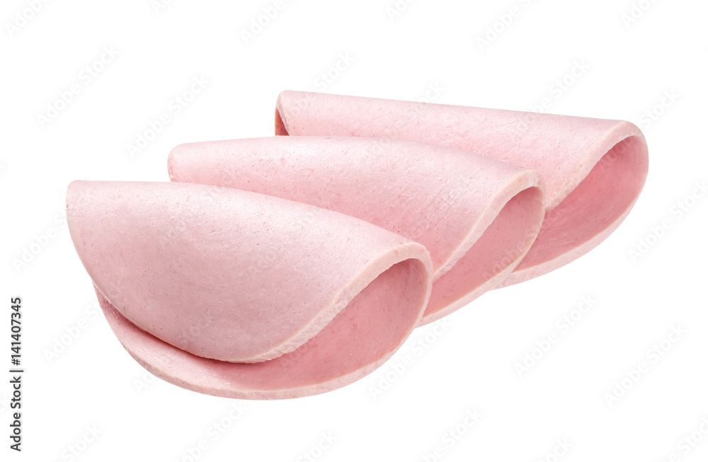 Boiled sausage ham slices on white background