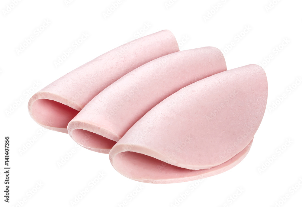 Boiled sausage slices on white background