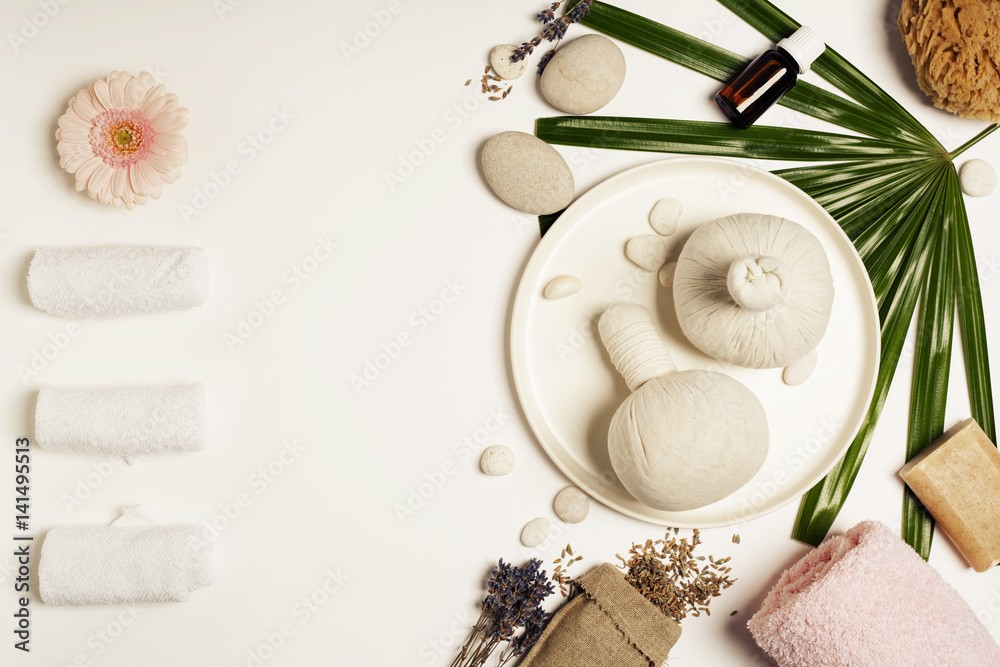 Spa setting on white background. Flat lay