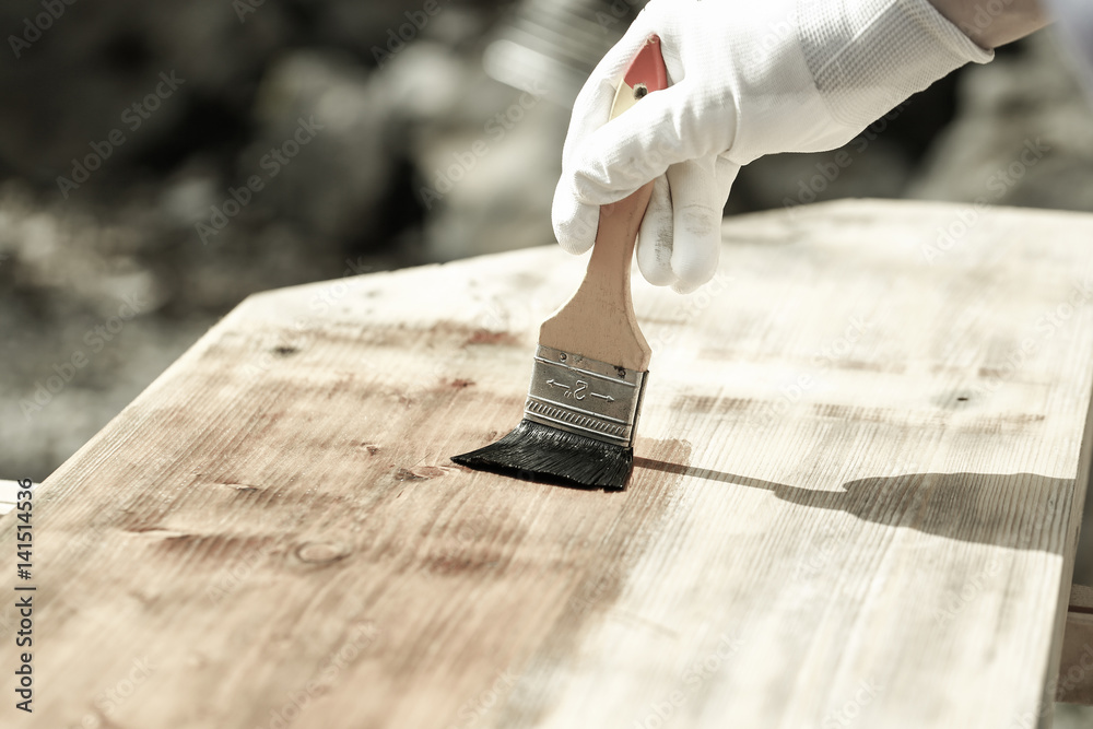 Painter painting wooden surface, protecting wood